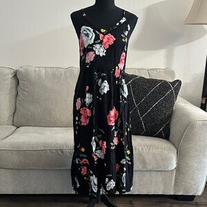 Old Navy Black Midi Dress with Pink & White Floral Print